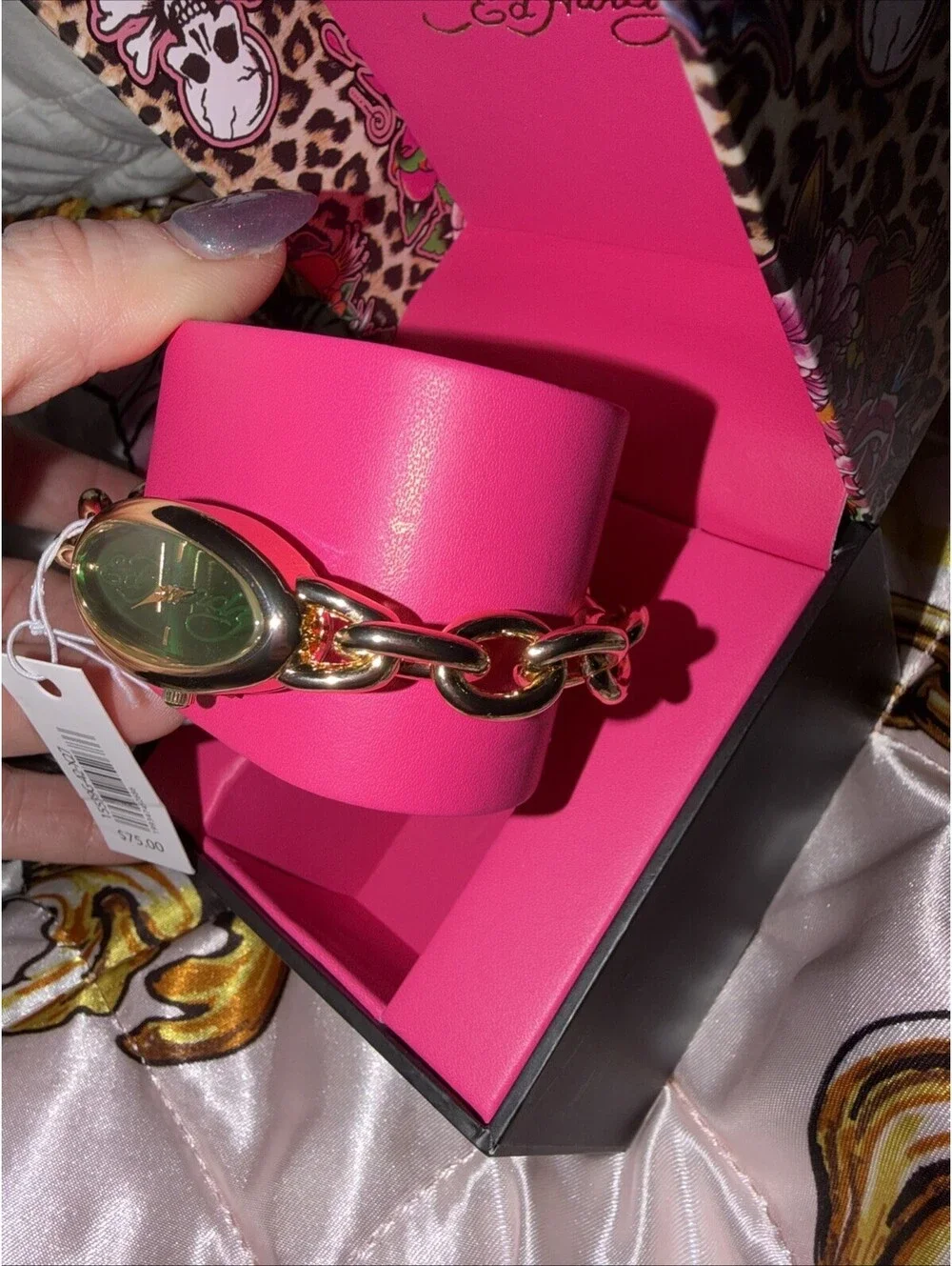 Ed Hardy Women’s Oval Gold-Tone Bracelet Watch Green Dial Quartz w/ Box